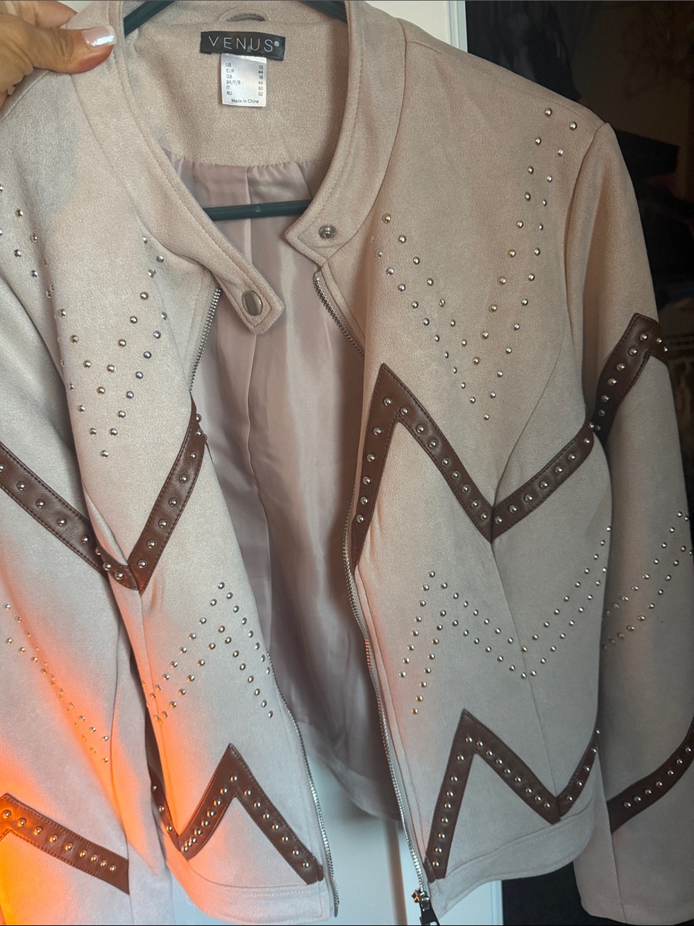 VENUS Taupe Studded Bomber Jacket with Brown Chevron Trim
